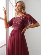 Miss | Jurk Dames Maxi Korte Mouw Pailletten - Tule - Miss Madera MIS-2DD2EE