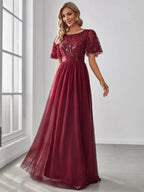 Miss | Jurk Dames Maxi Korte Mouw Pailletten - Tule - Miss Madera MIS-2DD2EE