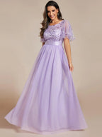 Miss | Jurk Dames Maxi Korte Mouw Pailletten - Tule - Miss Madera MIS-85C4FD