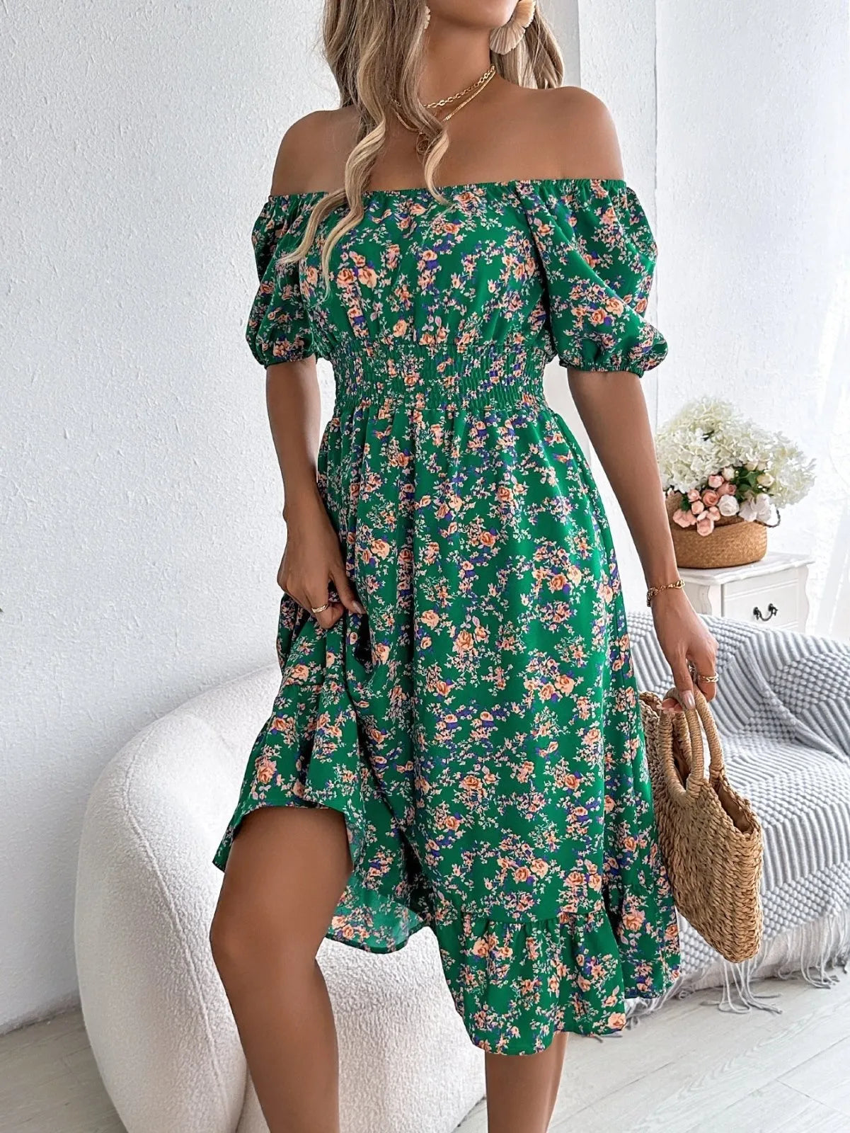 Miss | Jurk Dames Off-shoulder Bloemenprint Ruches - Polyester - Miss Madera MIS-DDB63F