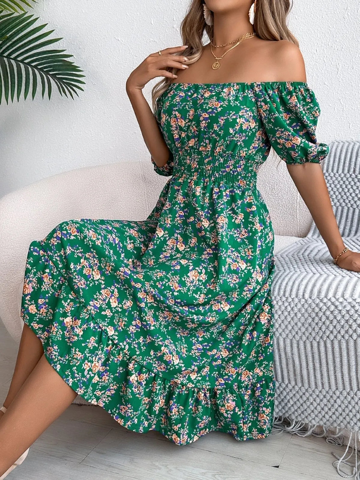 Miss | Jurk Dames Off-shoulder Bloemenprint Ruches - Polyester - Miss Madera MIS-5D768A