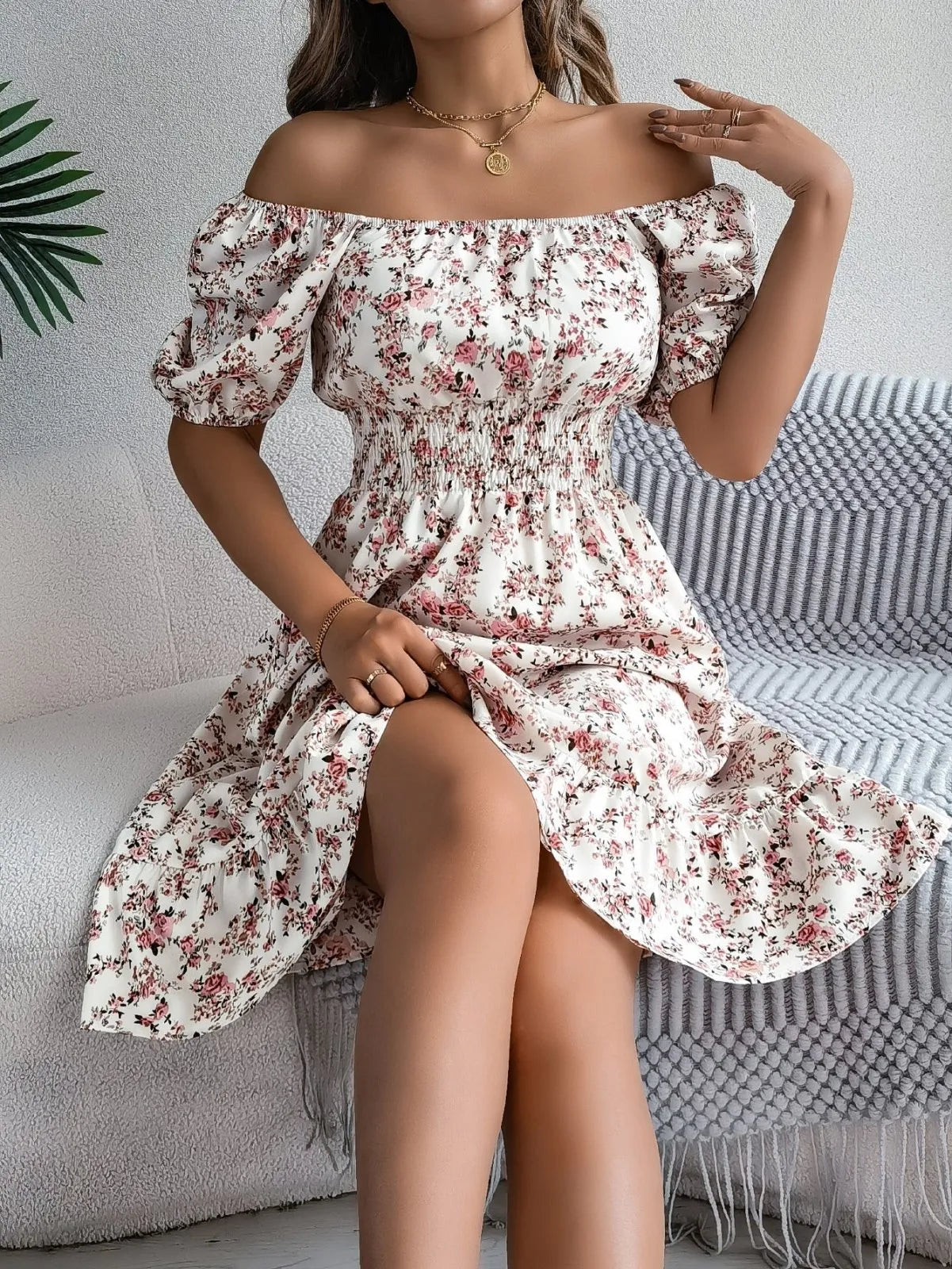 Miss | Jurk Dames Off-shoulder Bloemenprint Ruches - Polyester - Miss Madera MIS-A10A1D
