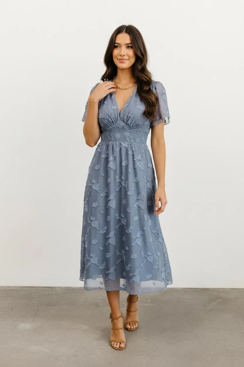 Women's dress blue floral overlay front pose