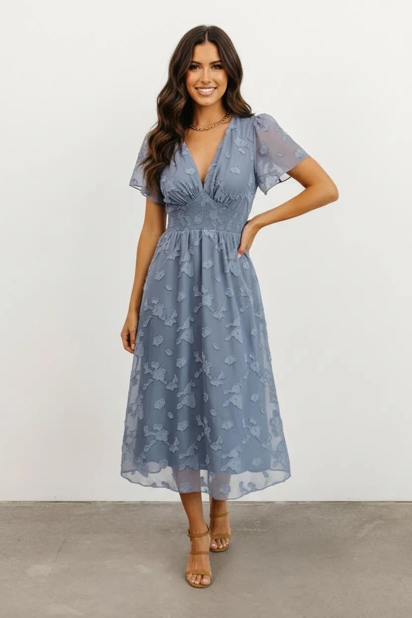 Women's dress blue floral overlay front view