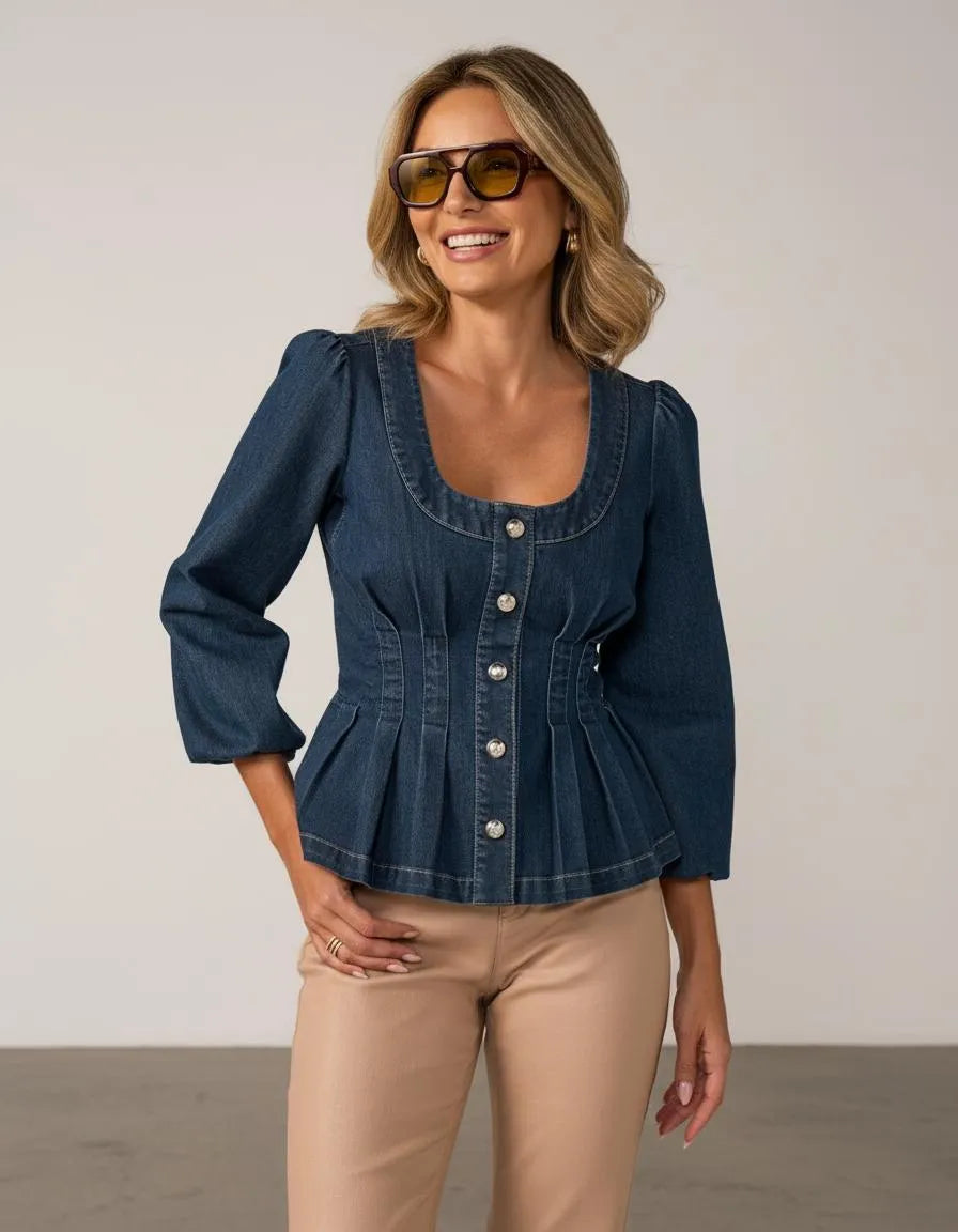 Miss | Peplum Top Dames Casual Elegant - Denim - Miss Madera MIS-692ILE