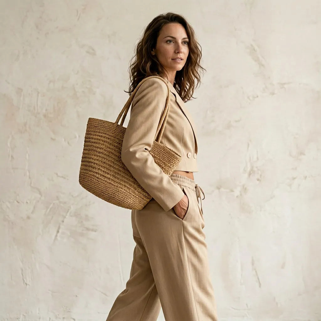 A different brunette woman, mid-length wavy hair, natural makeup, 

slim build, holding a woven straw tote bag, minimalist studio 

background warm off-white, soft diffused lighting, high-end fashion 

editorial style, photorealistic, high resolution, different person 

than reference, random natural pose, unexpected angle, 

use other pose for every photo