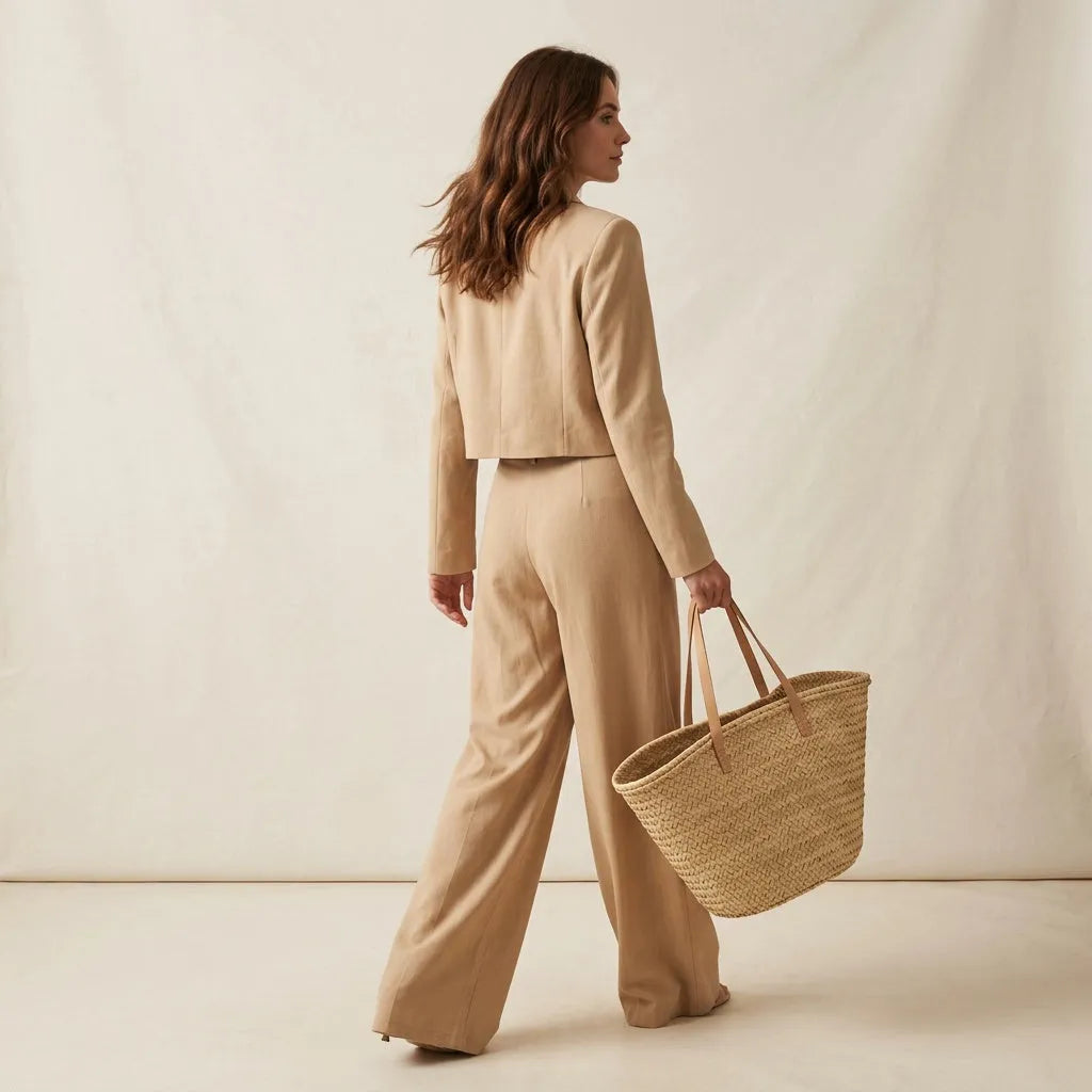 A different brunette woman, mid-length wavy hair, natural makeup, 

slim build, holding a woven straw tote bag, minimalist studio 

background warm off-white, soft diffused lighting, high-end fashion 

editorial style, photorealistic, high resolution, different person 

than reference, random natural pose, unexpected angle, 

use other pose for every photo