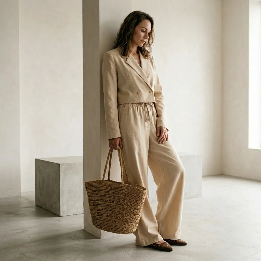A different brunette woman, mid-length wavy hair, natural makeup, 

slim build, holding a woven straw tote bag, minimalist studio 

background warm off-white, soft diffused lighting, high-end fashion 

editorial style, photorealistic, high resolution, different person 

than reference, random natural pose, unexpected angle, 

use other pose for every photo