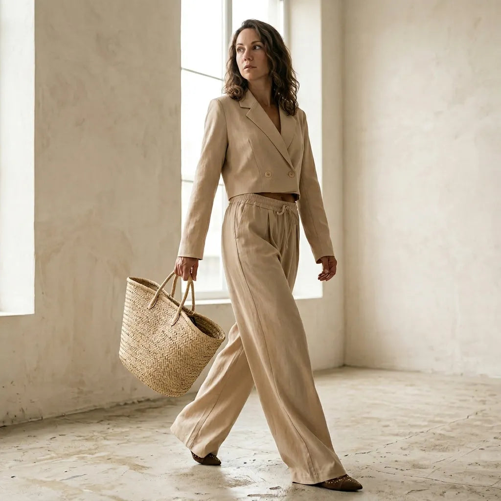 A different brunette woman, mid-length wavy hair, natural makeup, 

slim build, holding a woven straw tote bag, minimalist studio 

background warm off-white, soft diffused lighting, high-end fashion 

editorial style, photorealistic, high resolution, different person 

than reference, random natural pose, unexpected angle, 

use other pose for every photo