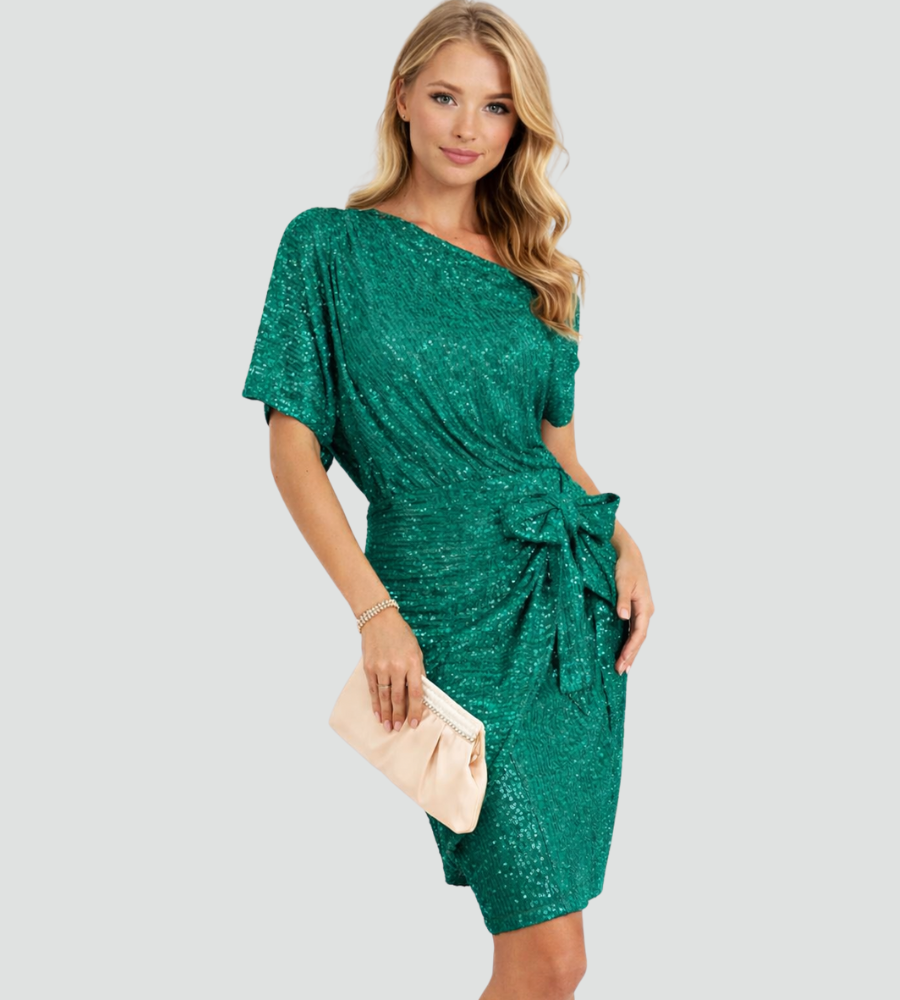 Jurk Dames Feestelijk One-Shoulder Glitter Strik - Polyester