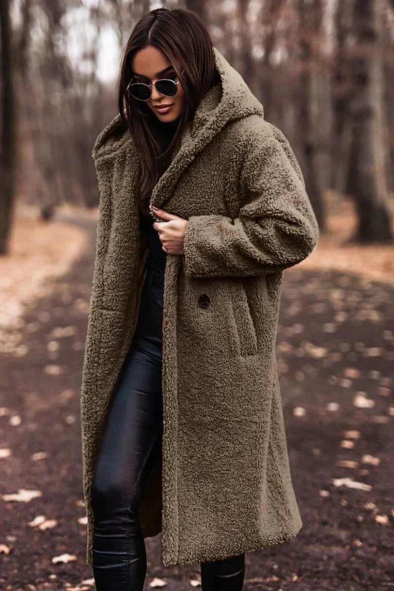 Jas Dames Lang Oversized Teddy met Capuchon