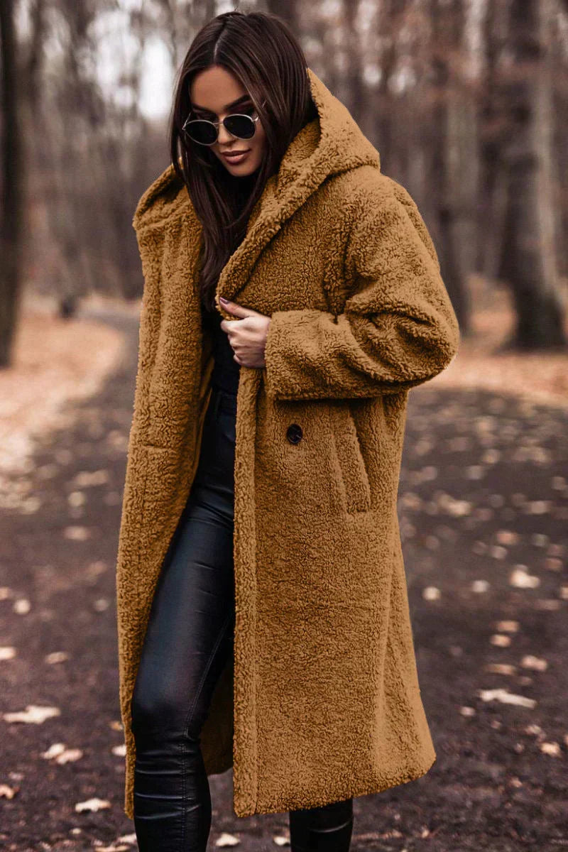 Jas Dames Lang Oversized Teddy met Capuchon