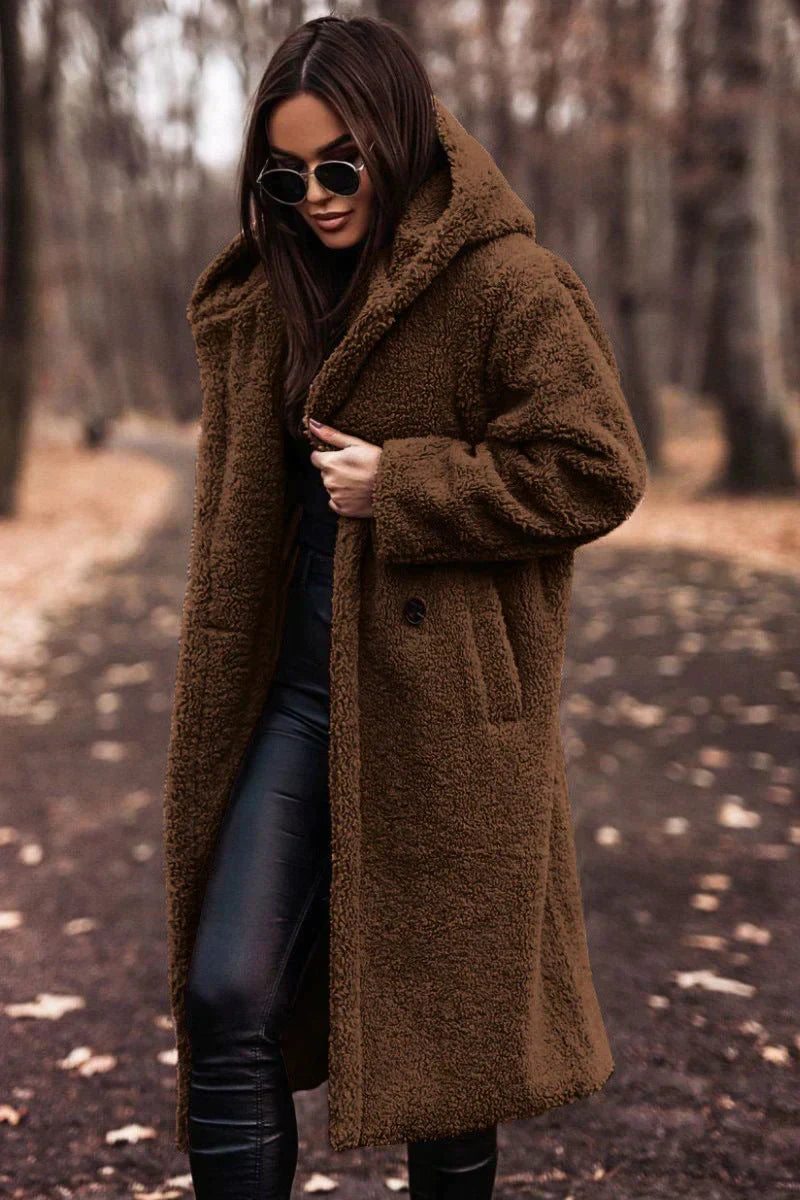 Jas Dames Lang Oversized Teddy met Capuchon
