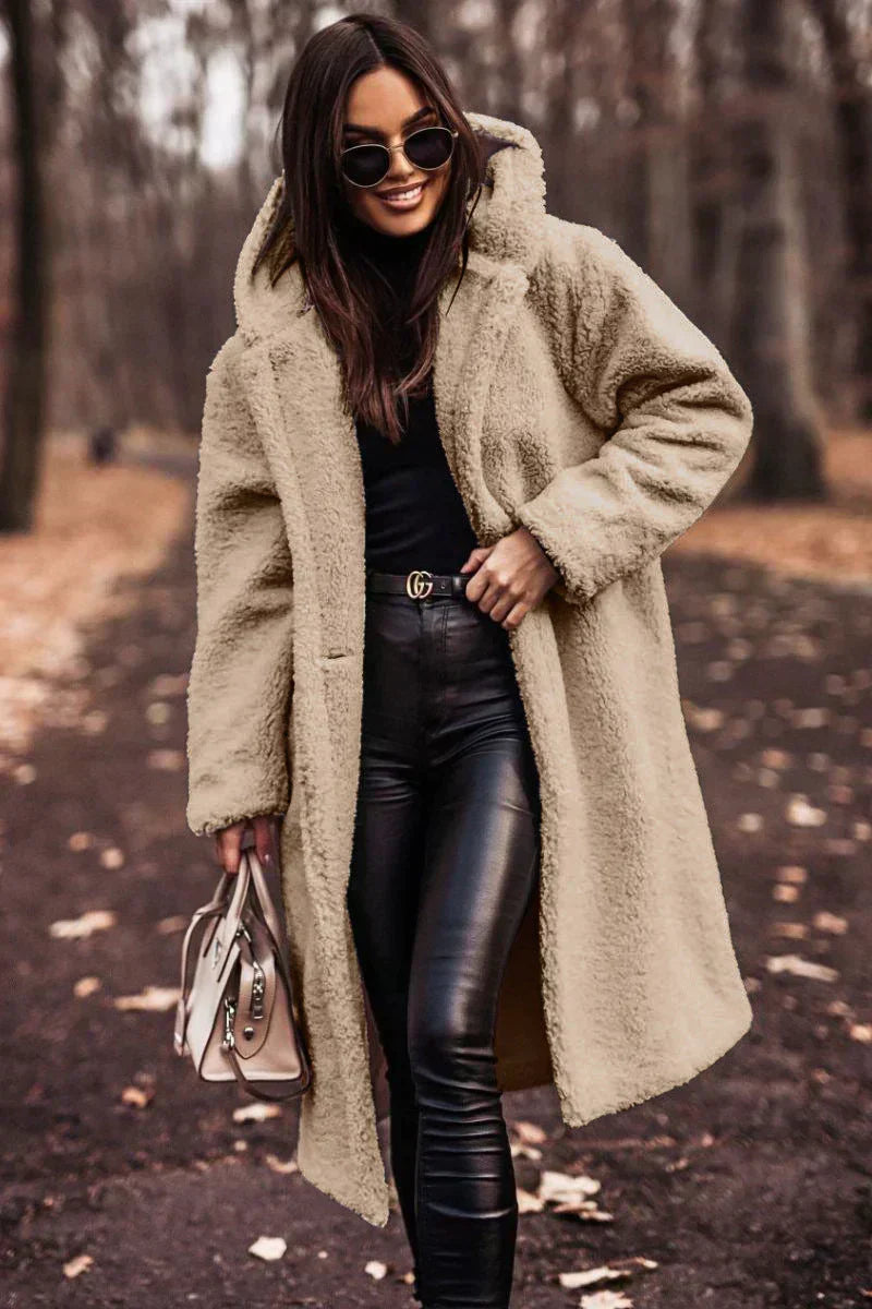 Jas Dames Lang Oversized Teddy met Capuchon