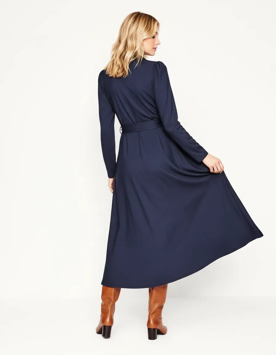 Navy Jurk Dames met Pofmouwen en Ceintuur - Miss Madera MIS-1ANVQI