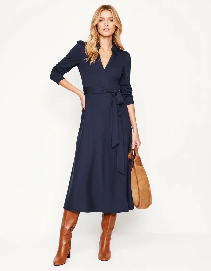 Navy Jurk Dames met Pofmouwen en Ceintuur - Miss Madera MIS-1ANVQI