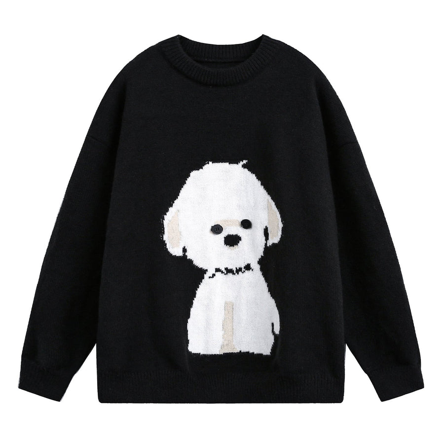 Dzianinowy sweter damski oversize z motywem psa