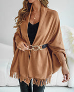 Jurk Dames Poncho Franjes Open Front - Wol - Kamel