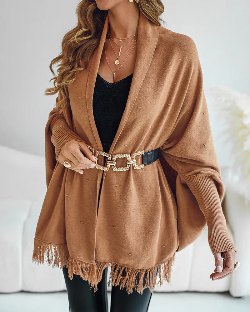 Jurk Dames Poncho Franjes Open Front - Wol - Kamel