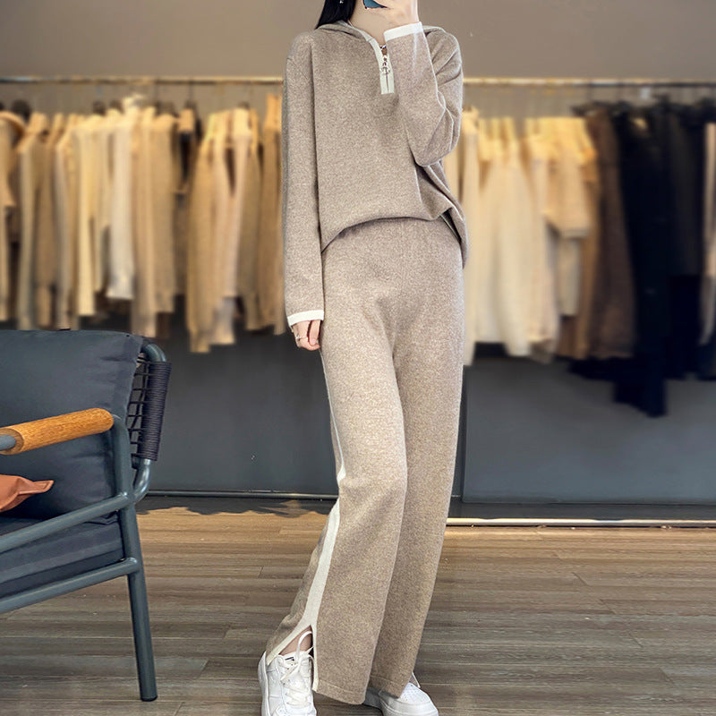 Co-ord set Dames Capuchon Wijde Pijpen Half-Zip Fijngebreid