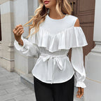 Blouse Dames Volant Cold-Shoulder Taillerende Strik - Satijn - Wit