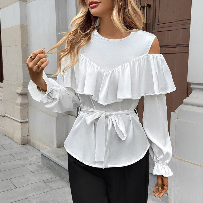 Blouse Dames Volant Cold-Shoulder Taillerende Strik - Satijn - Wit