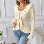 Blouse Dames Romantisch Volant V-hals Getailleerd - Chiffon - Aprikose