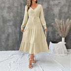 Jurk Dames Midi Stufenrok V-hals Lange Mouw - Viscose - Aprikose