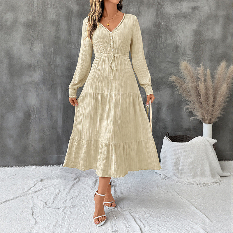Jurk Dames Midi Stufenrok V-hals Lange Mouw - Viscose - Aprikose