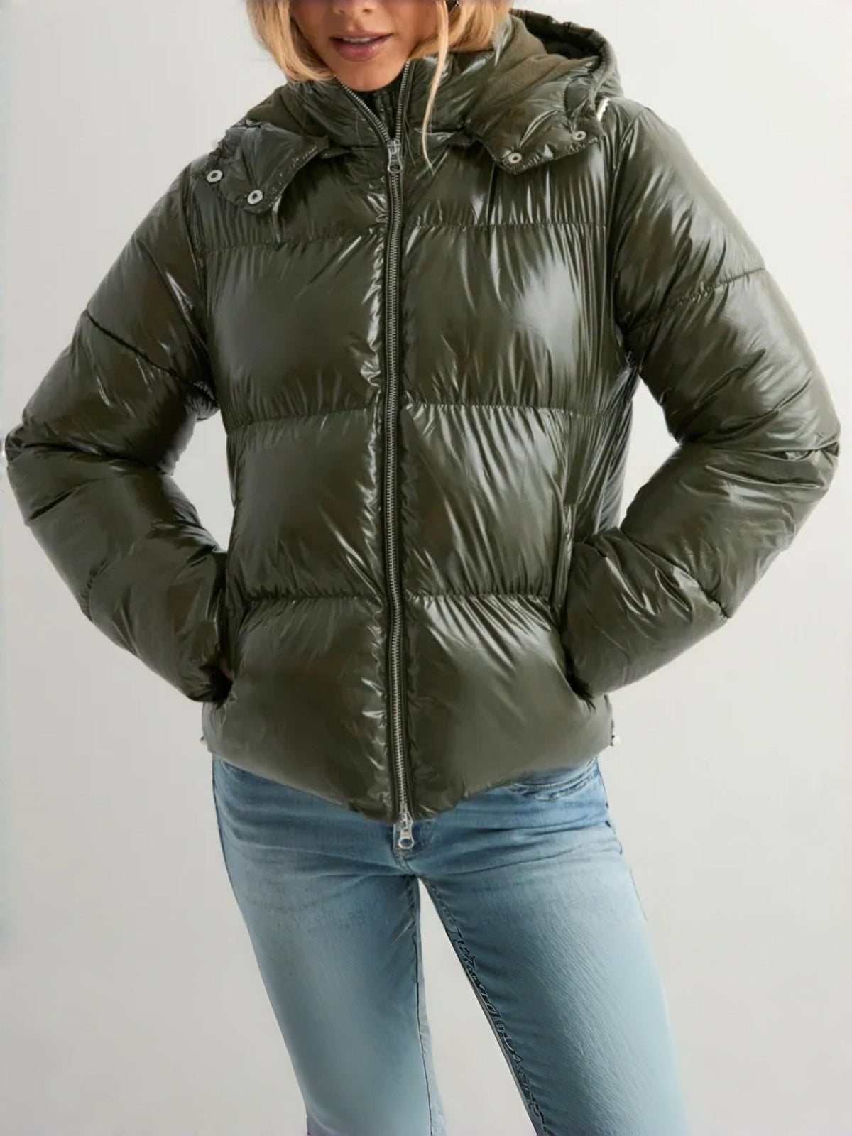 Jurk Dames Gewatteerd Figuurvormend met Capuchon - Polyester - Olivgrün