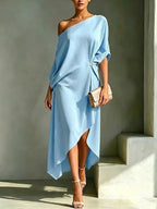 Jurk Dames Maxi Één-Schouder Zijsplit - Chiffon - Blauw
