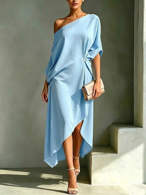 Jurk Dames Maxi Één-Schouder Zijsplit - Chiffon - Blauw