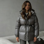 Jurk Dames Glanzend Capuchon Tailleerbaar - Polyester - Dunkelgrau