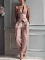 Co-ord set Dames Lente Zomer V-hals Knoopsluiting - Chiffon - Roze (Bijna uitverkocht)
