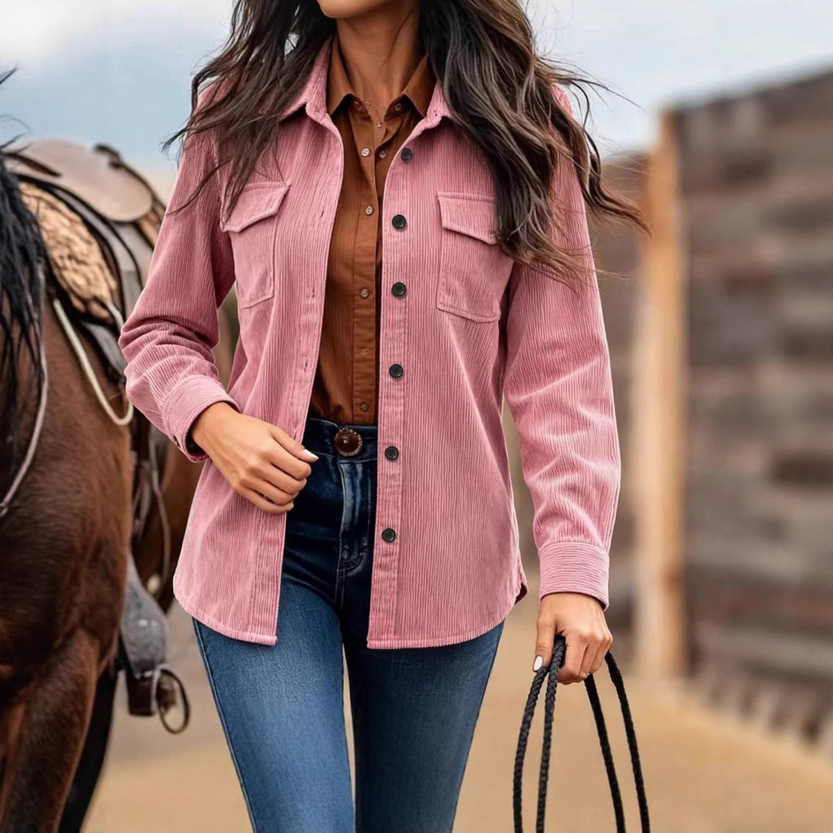 Jurk Dames Casual Corduroy met Brusttaschen - Corduroy