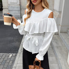 Blouse Dames Volant Cold-Shoulder Taillerende Strik - Satijn