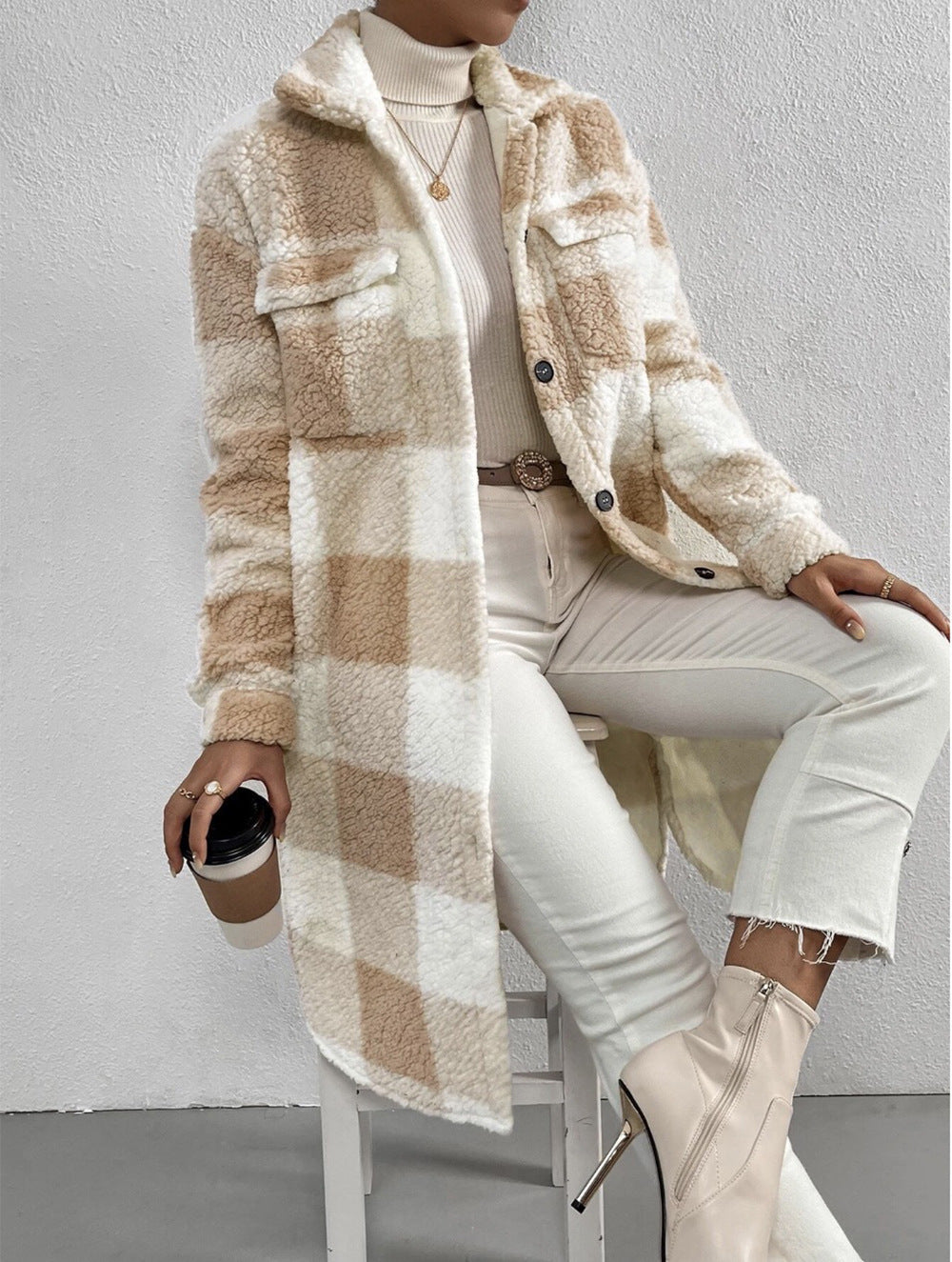 Jas Dames Lang Oversized Geruit Teddyfleece