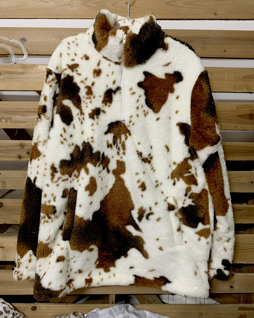 Hoodie Dames Quarter-Zip Sherpa Koeienprintpatroon Opstaande Kraag