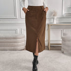 Rok Dames Herfst/Winter Midi Corduroy - Corduroy - Kaffee-Braun