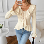 Blouse Dames Romantisch Volant V-hals Getailleerd - Chiffon