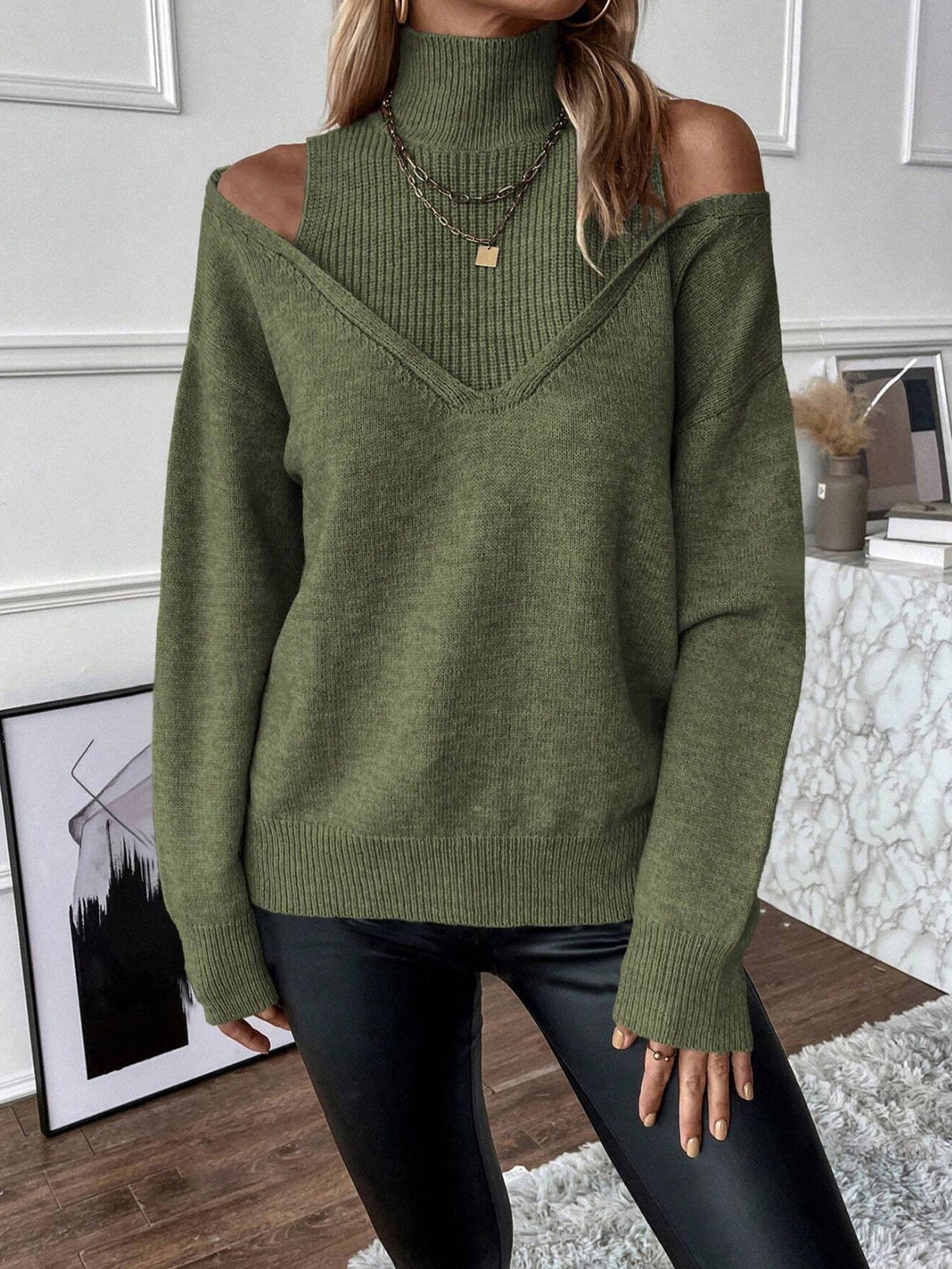 Trui Dames Coltrui Cold-Shoulder Gelaagde V-hals Lange Mouw