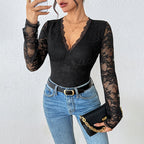Lingerie Dames Kanten Body Lange Mouwen V-hals - Polyester - Zwart