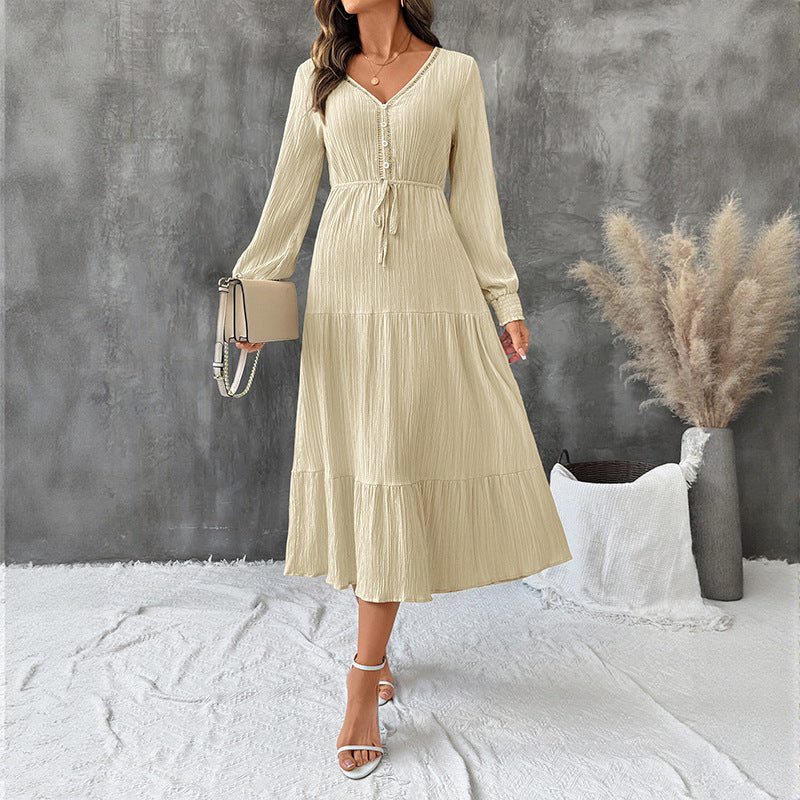 Jurk Dames Midi Stufenrok V-hals Lange Mouw - Viscose