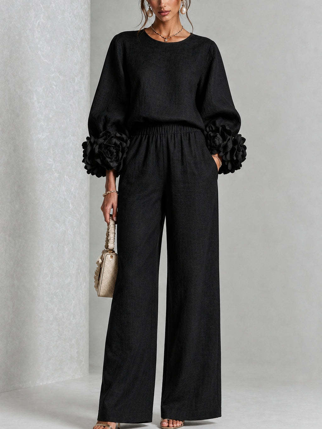 Co-ord set Dames Bloemen Manchetten Wijde Pijpen High-Waist