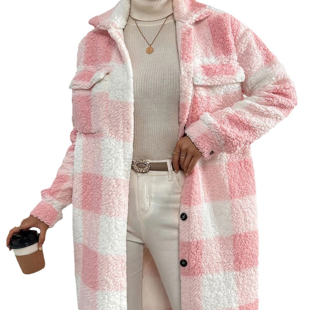 Jas Dames Lang Oversized Geruit Teddyfleece