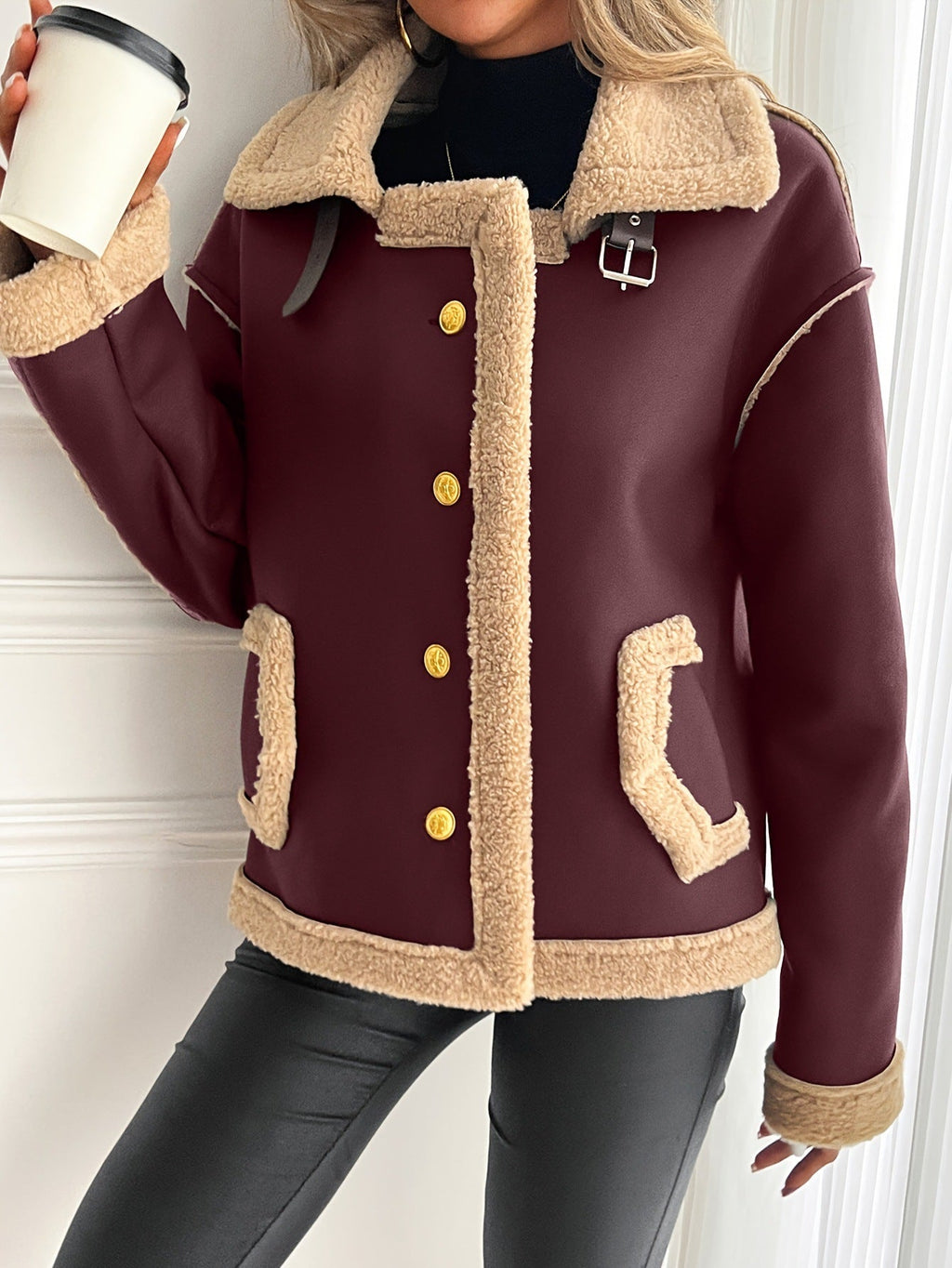 Jas Dames Teddy Fleece Voering Knoopsluiting Zijzakken