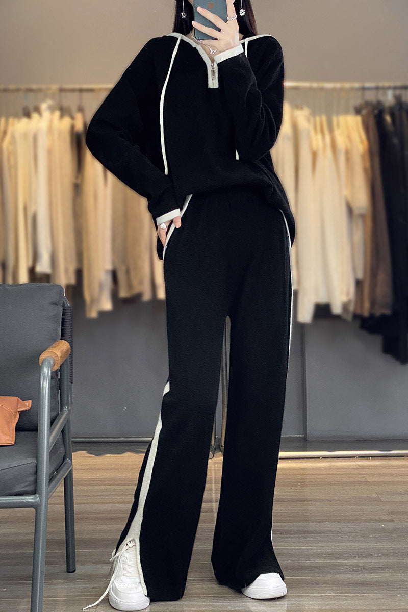Co-ord set Dames Capuchon Wijde Pijpen Half-Zip Fijngebreid