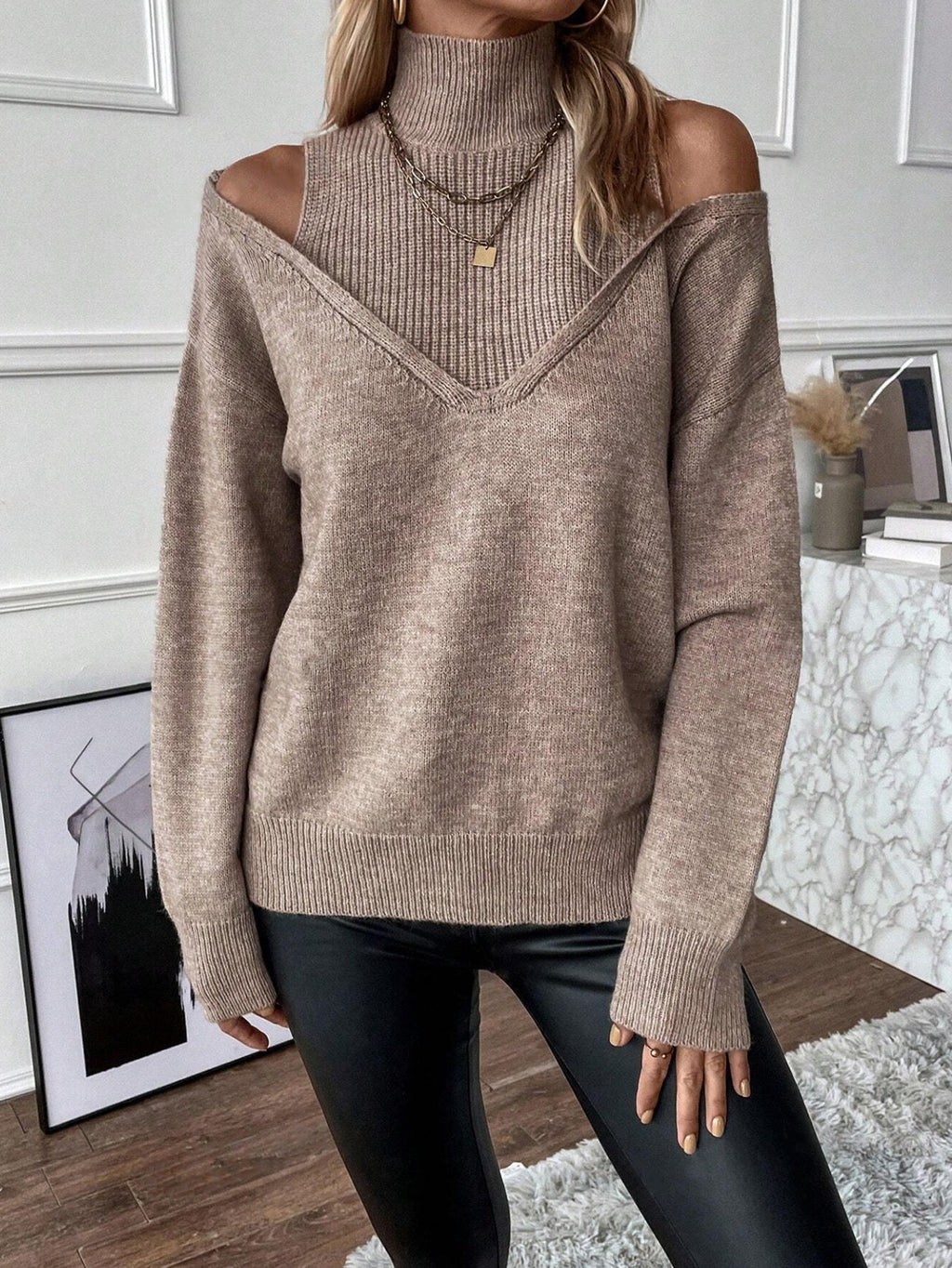 Trui Dames Coltrui Cold-Shoulder Gelaagde V-hals Lange Mouw