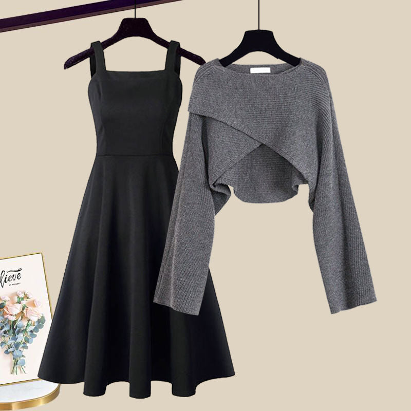 Jurk Dames Gebreid A-lijn met Cropped Trui - Gebreid - Grijs