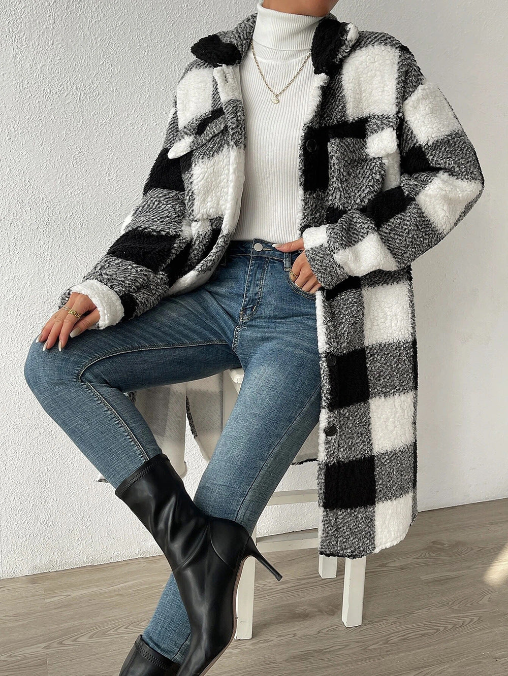 Jas Dames Lang Oversized Geruit Teddyfleece